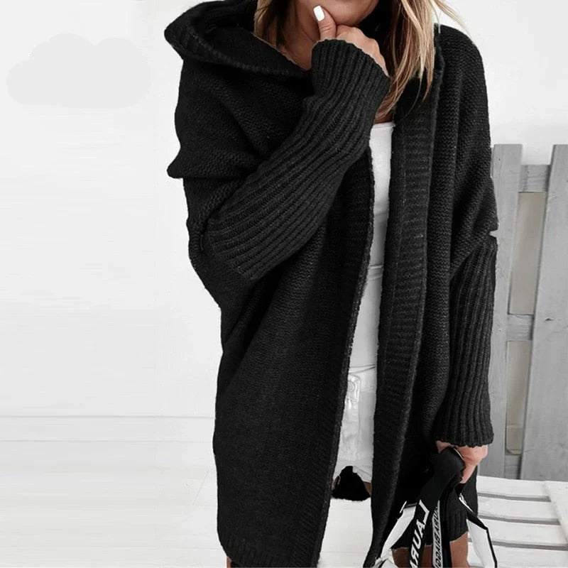 Kvinders Oversized Uld Cardigan med Hætte og Åben Front