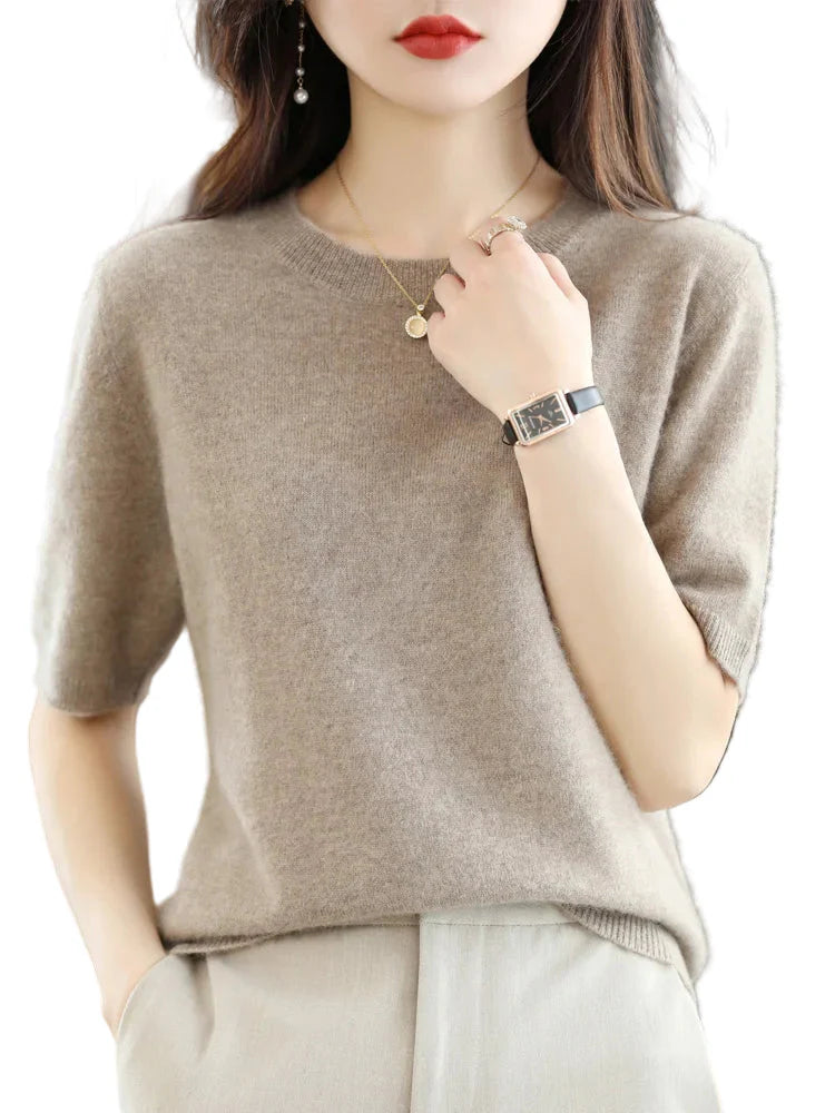 Kvinders Pullover Merino Uld O-Neck Strik T-Shirt