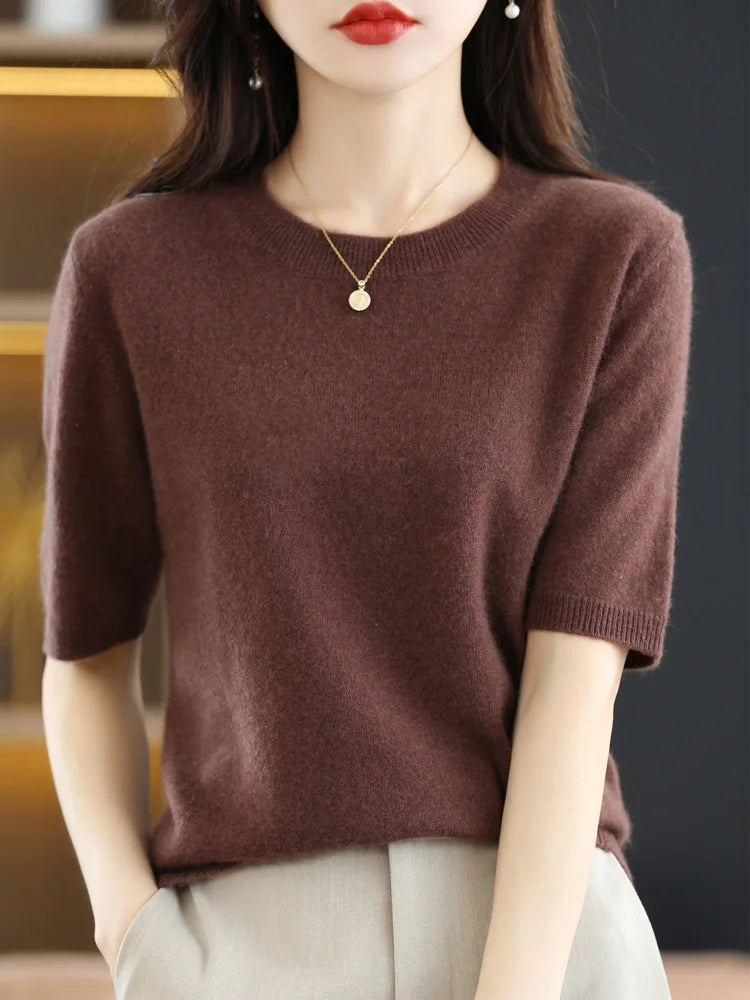 Kvinders Pullover Merino Uld O-Neck Strik T-Shirt