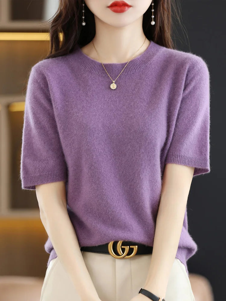 Kvinders Pullover Merino Uld O-Neck Strik T-Shirt