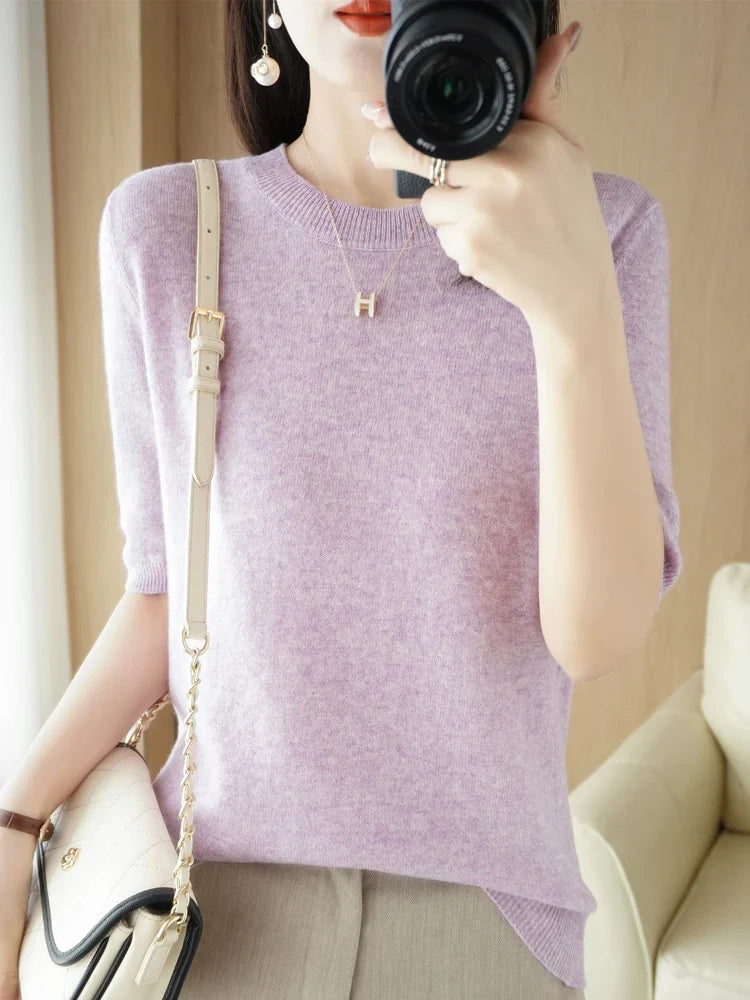 Kvinders Pullover Merino Uld O-Neck Strik T-Shirt