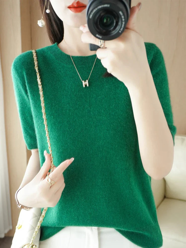 Kvinders Pullover Merino Uld O-Neck Strik T-Shirt