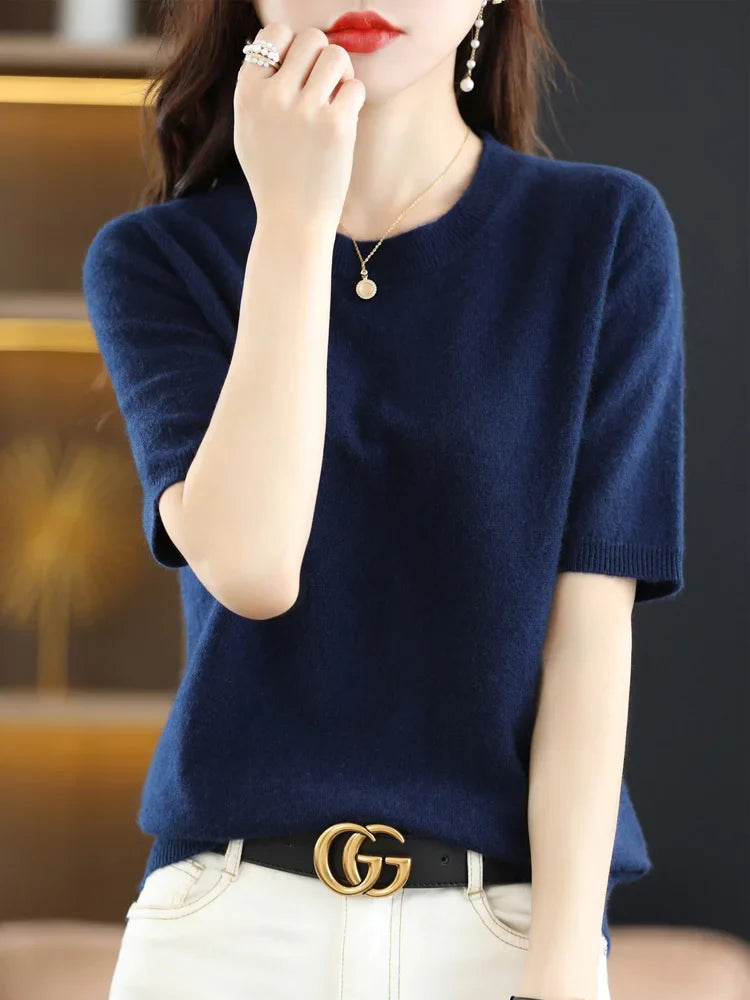 Kvinders Pullover Merino Uld O-Neck Strik T-Shirt