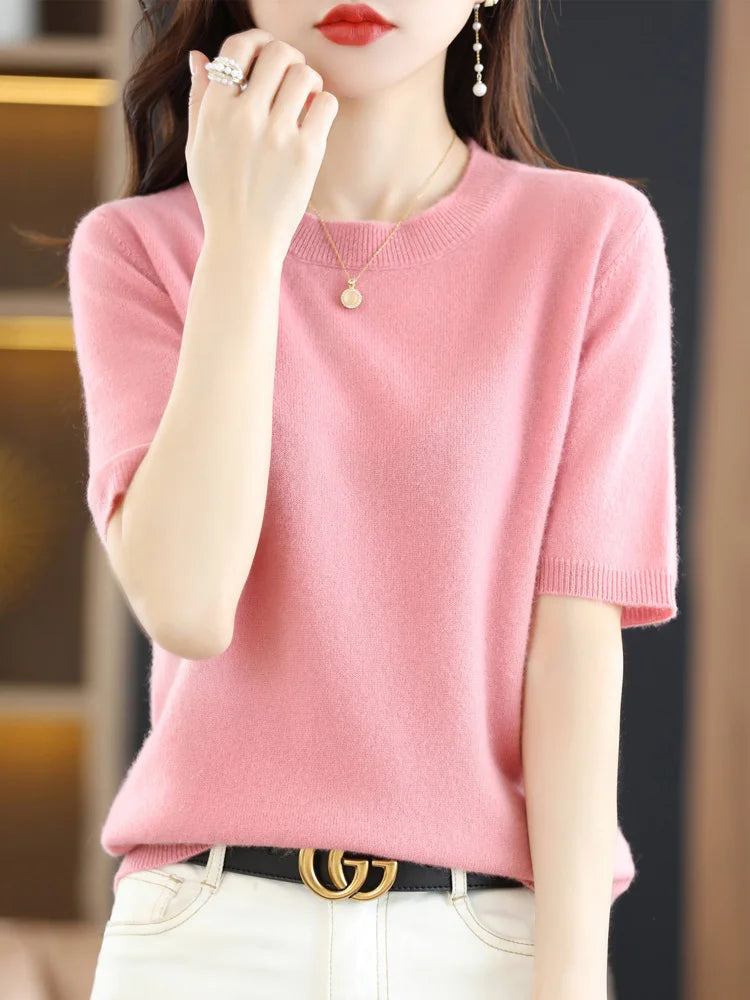 Kvinders Pullover Merino Uld O-Neck Strik T-Shirt