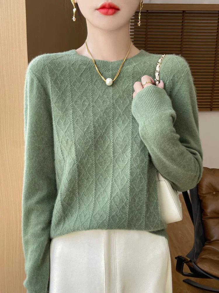 Kvinders Pullover O-Hals Merino Uld Langærmet Komfortabel Strik
