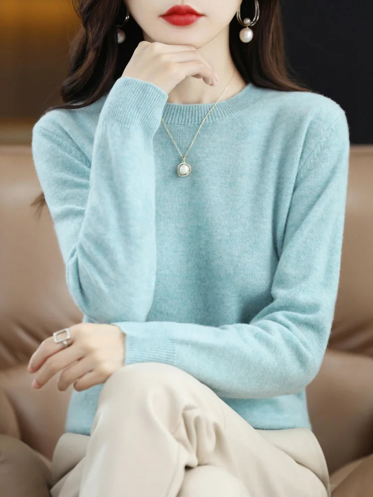 Kvinders Pullover O-Neck Langærmet Merino Uld Sweater