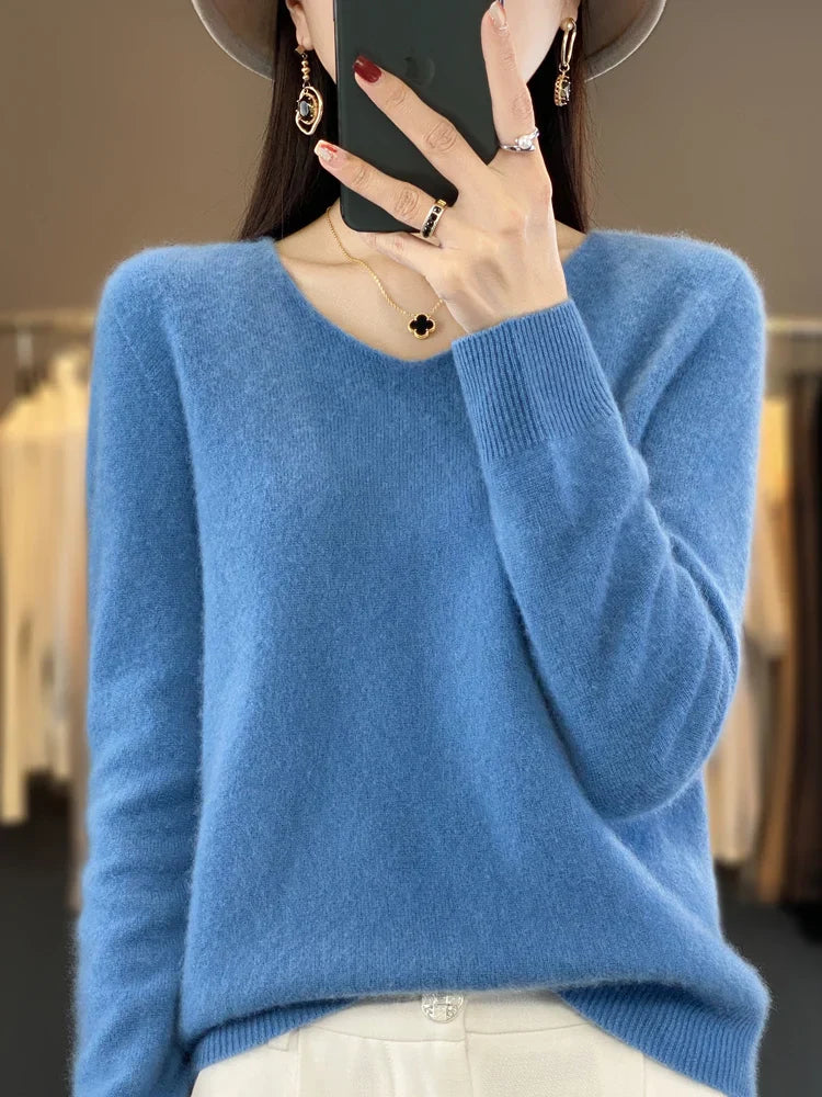 Kvinders Pullover V-Hals Merino Uld