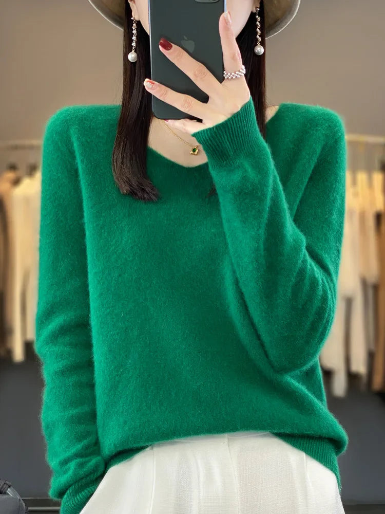 Kvinders Pullover V-Hals Merino Uld