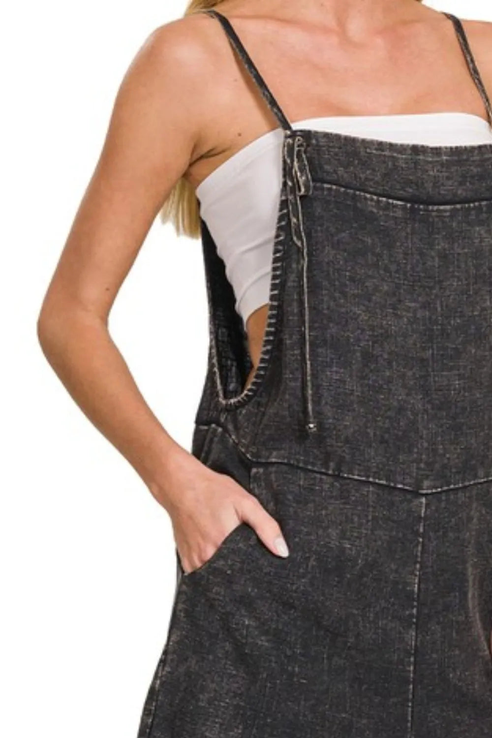 Kvinders Romper Justerbare Spaghetti Stropper Vasket Denim