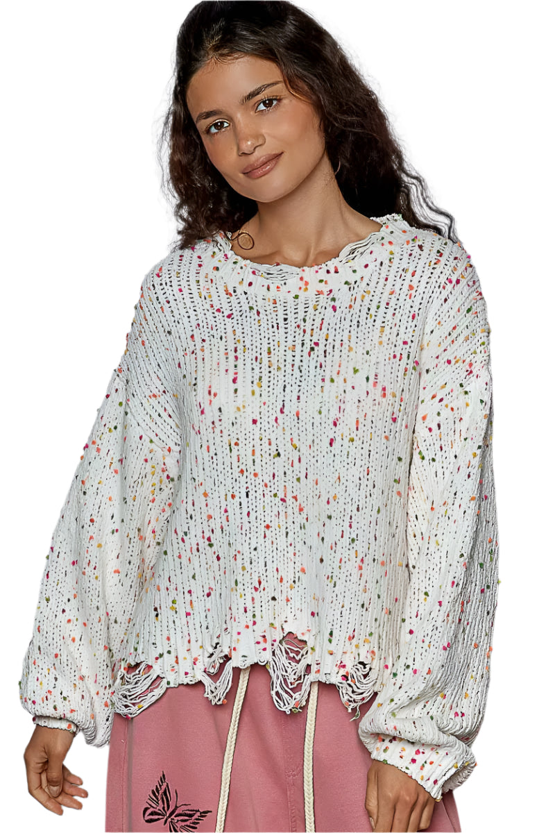 Kvinders Rund Hals Sweater Popcorn Tekstur Med Fransede Detaljer
