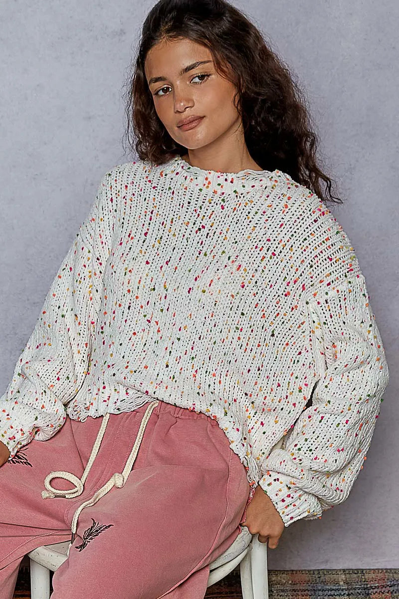 Kvinders Rund Hals Sweater Popcorn Tekstur Med Fransede Detaljer