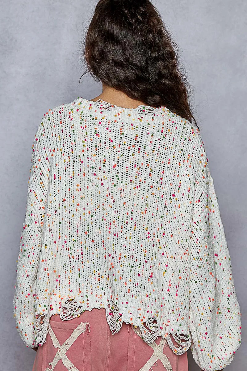 Kvinders Rund Hals Sweater Popcorn Tekstur Med Fransede Detaljer