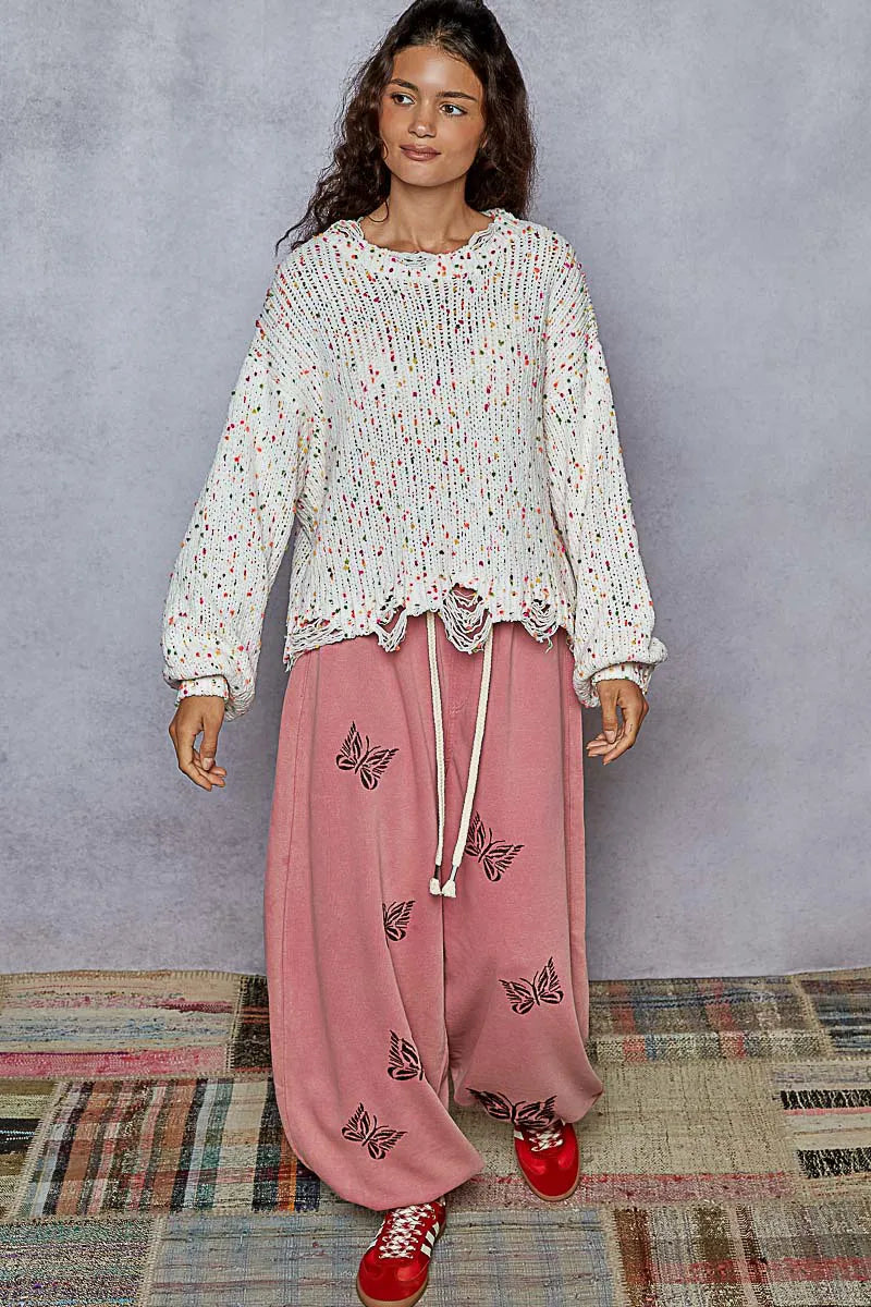 Kvinders Rund Hals Sweater Popcorn Tekstur Med Fransede Detaljer