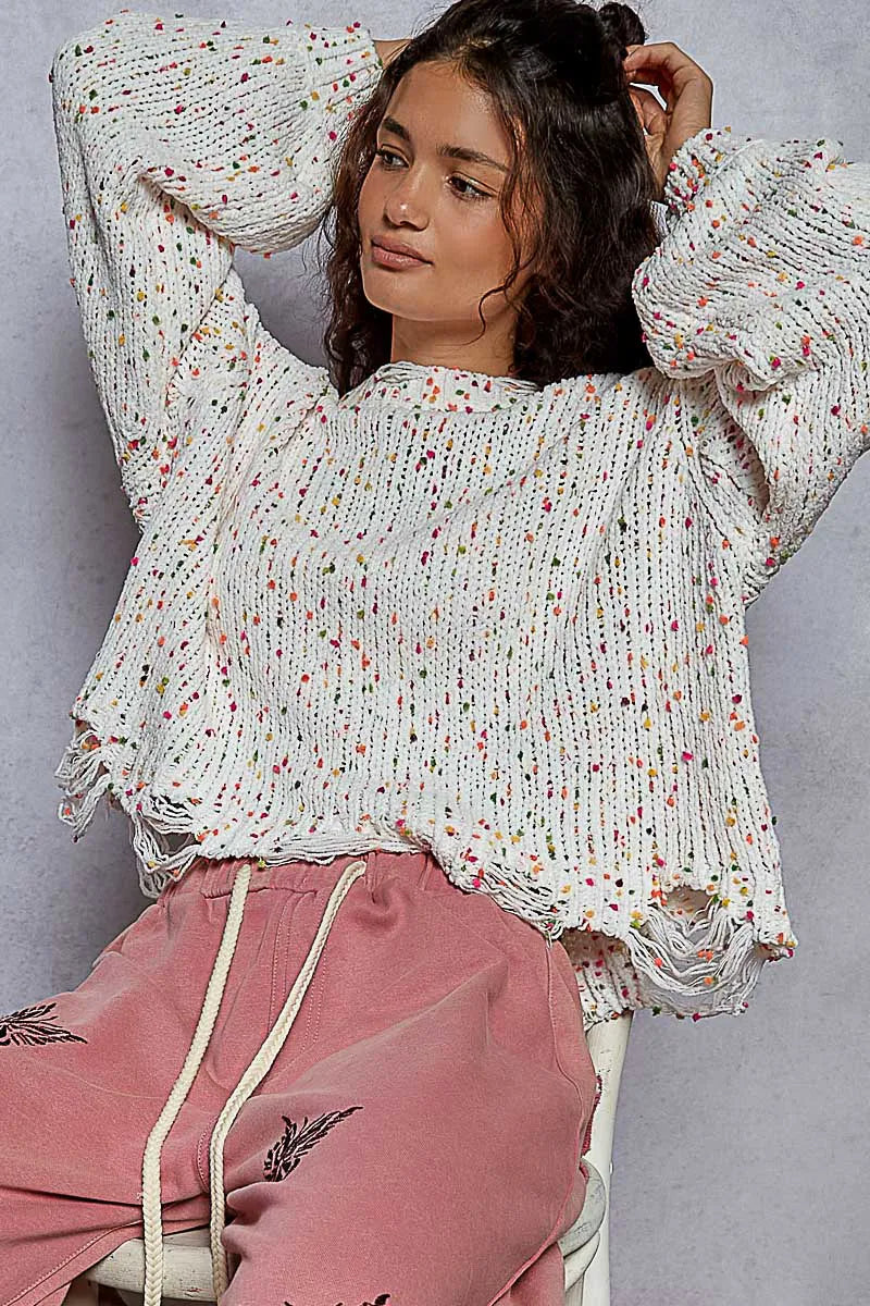Kvinders Rund Hals Sweater Popcorn Tekstur Med Fransede Detaljer