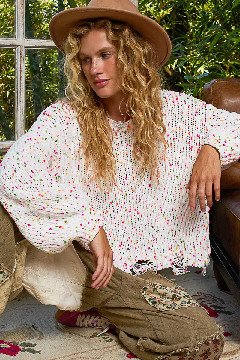 Kvinders Rund Hals Sweater Popcorn Tekstur Med Fransede Detaljer