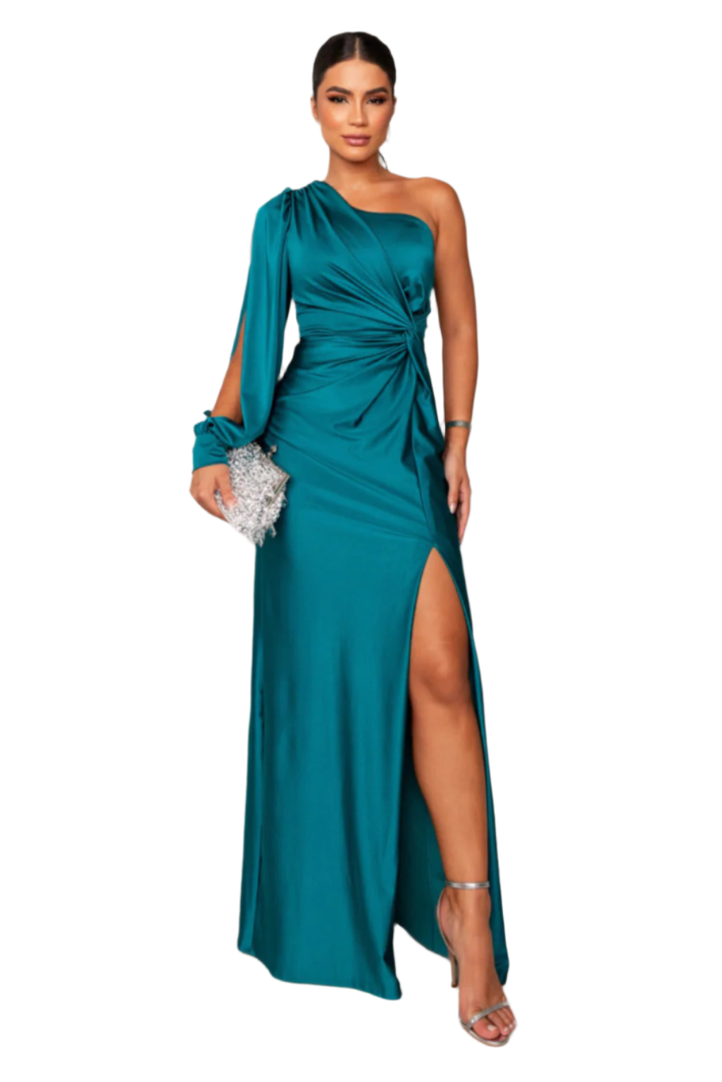 Kvinders Satin One-Sleeve Kjole med Slids