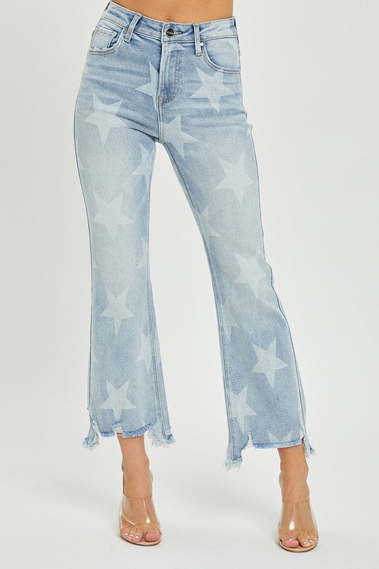 Kvinders Straight Jeans med Høj Talje og Stjerneprint i Lys Denim