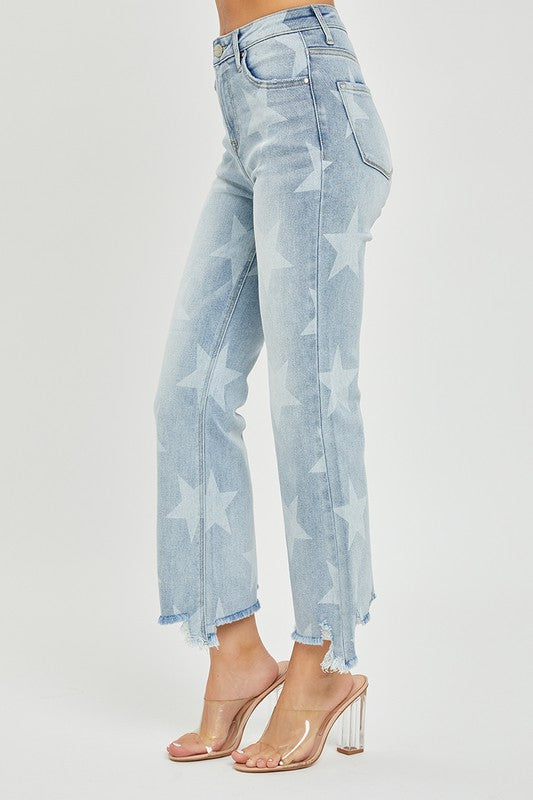 Kvinders Straight Jeans med Høj Talje og Stjerneprint i Lys Denim