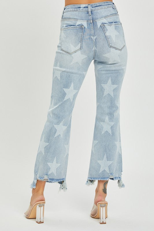 Kvinders Straight Jeans med Høj Talje og Stjerneprint i Lys Denim