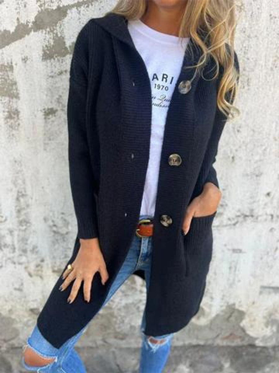 Kvinders Strikket Jakke Med Hætte - Afslappet Pasform