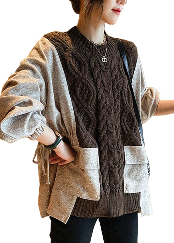 Kvinders Strikket Sweater med Patchwork Lommer