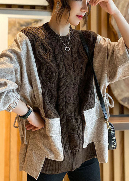 Kvinders Strikket Sweater med Patchwork Lommer