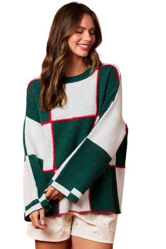 Kvinders Sweater med Farveblok og Blanket Stitch i Grøn og Hvid