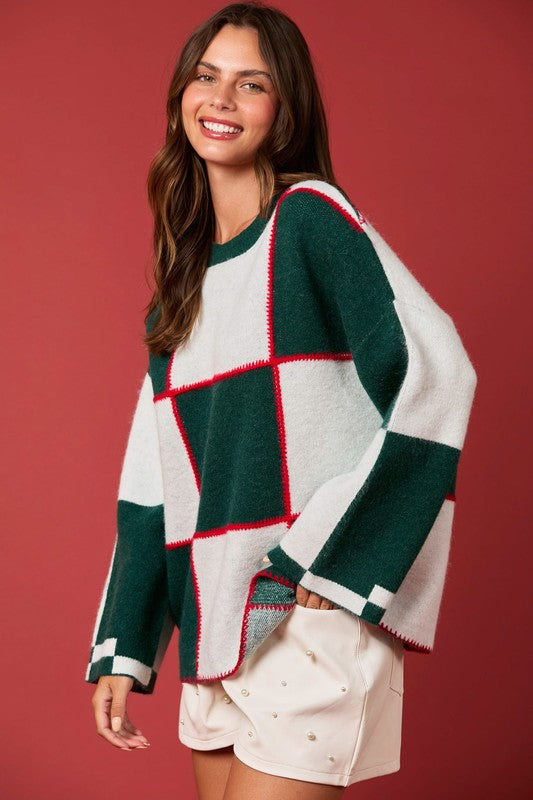 Kvinders Sweater med Farveblok og Blanket Stitch i Grøn og Hvid