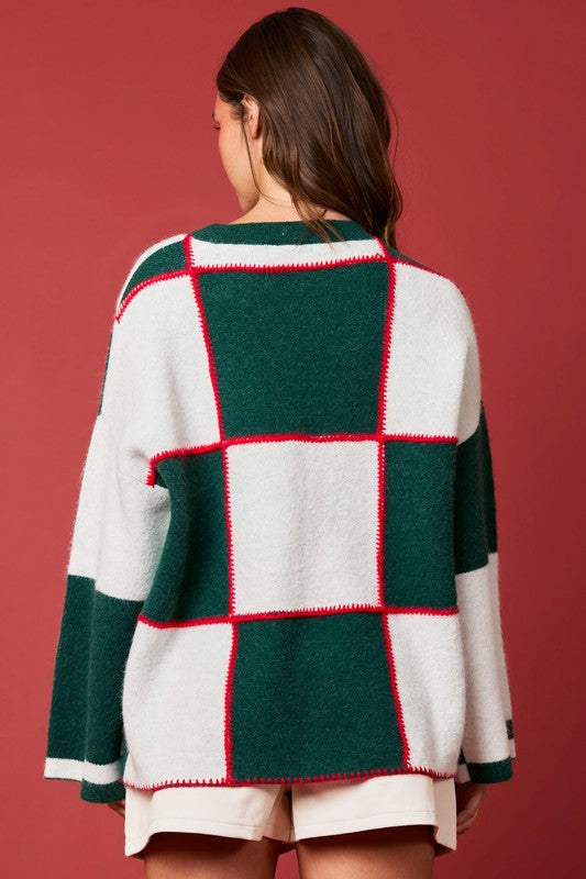 Kvinders Sweater med Farveblok og Blanket Stitch i Grøn og Hvid