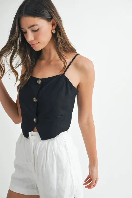 Kvinders Tank Top med Knapper i Linnedmix