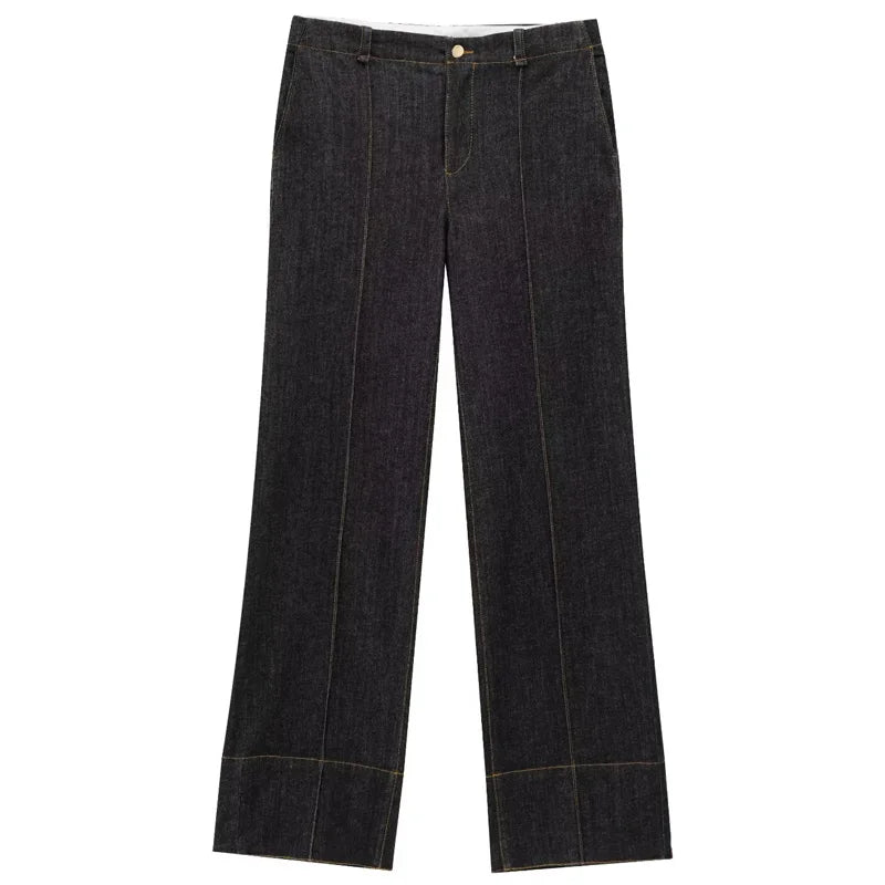 Kvinders To-delt Sæt Denim Langærmet Skjorte og Højtaljede Flared Bukser