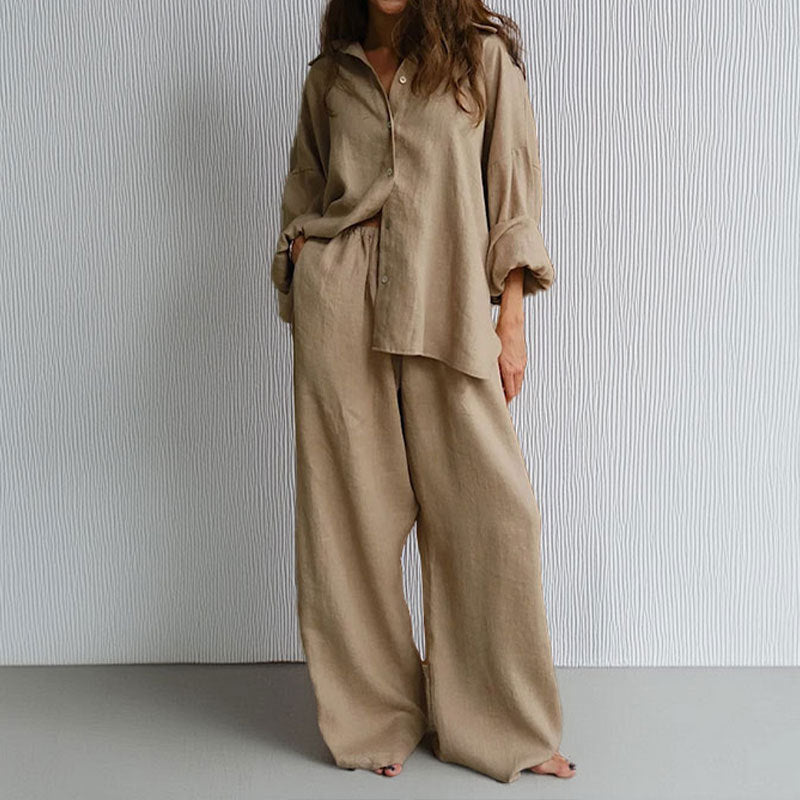 Kvinders To-delt Sæt – Linned Blend – Oversized Pasform – Knap-ned Skjorte & Bredbenede Bukser