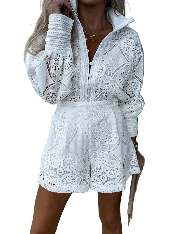Kvinders Todelte Outfit med Blonder Sommerlig Stil