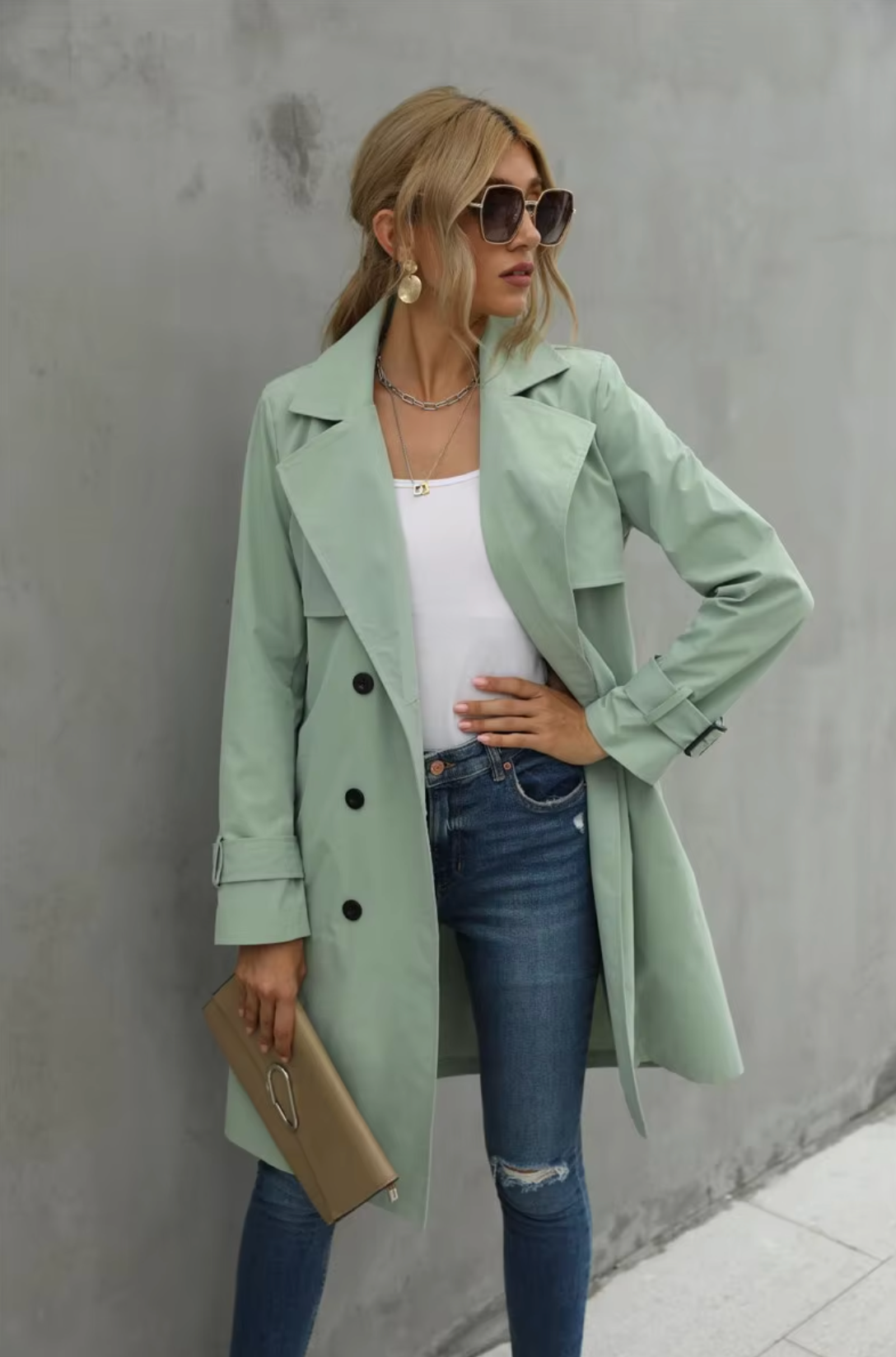 Kvinders Trench Coat Dobbeltknap Design Tidløs Stil