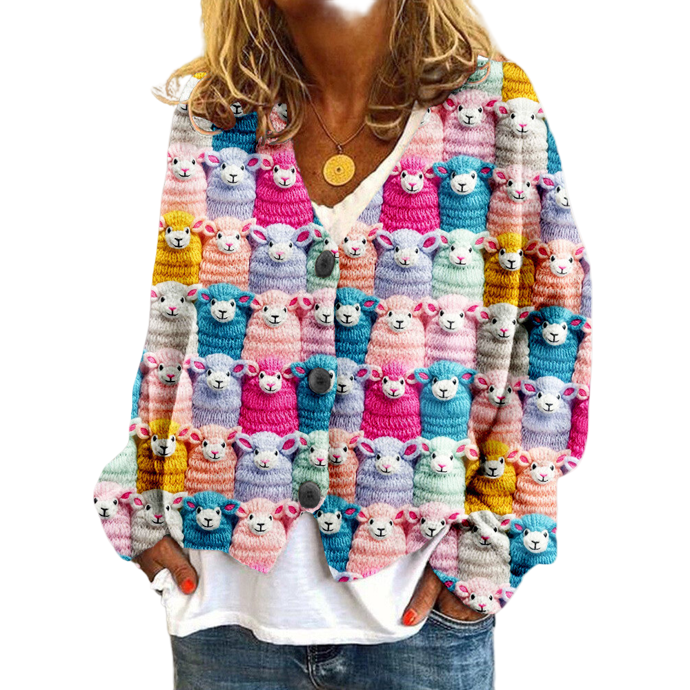 Kvinders Vintage Sweater med Fåremønster og V-hals