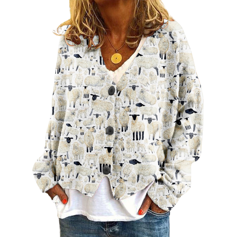 Kvinders Vintage Sweater med Fåremønster og V-hals
