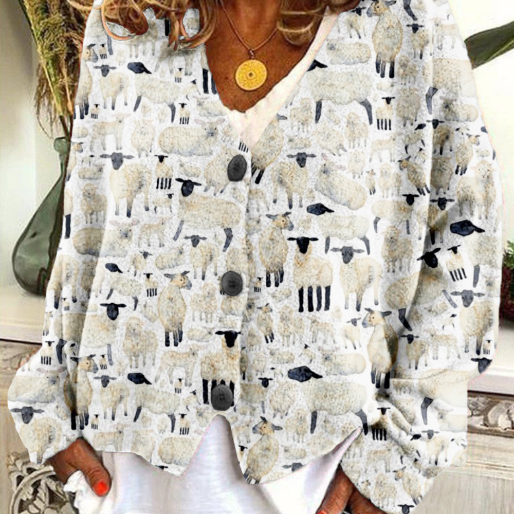 Kvinders Vintage Sweater med Fåremønster og V-hals