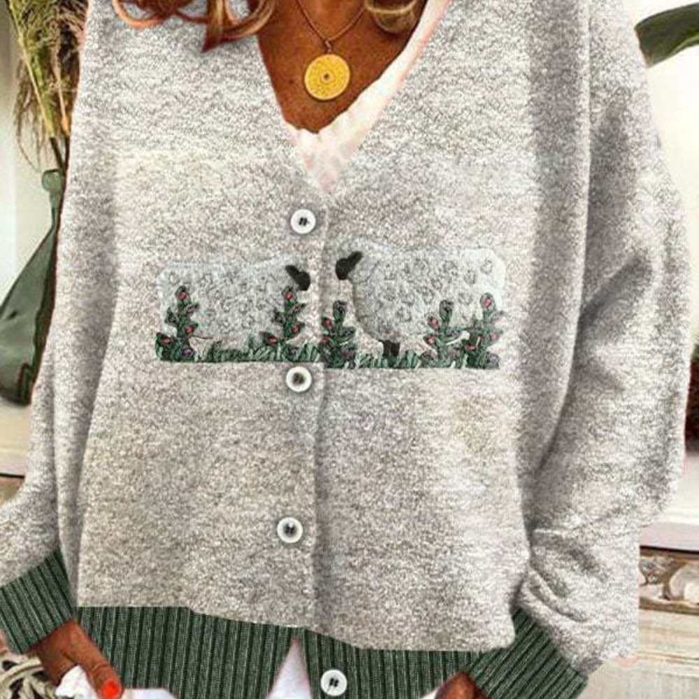 Kvinders Vintage Sweater med Fåremønster og V-hals