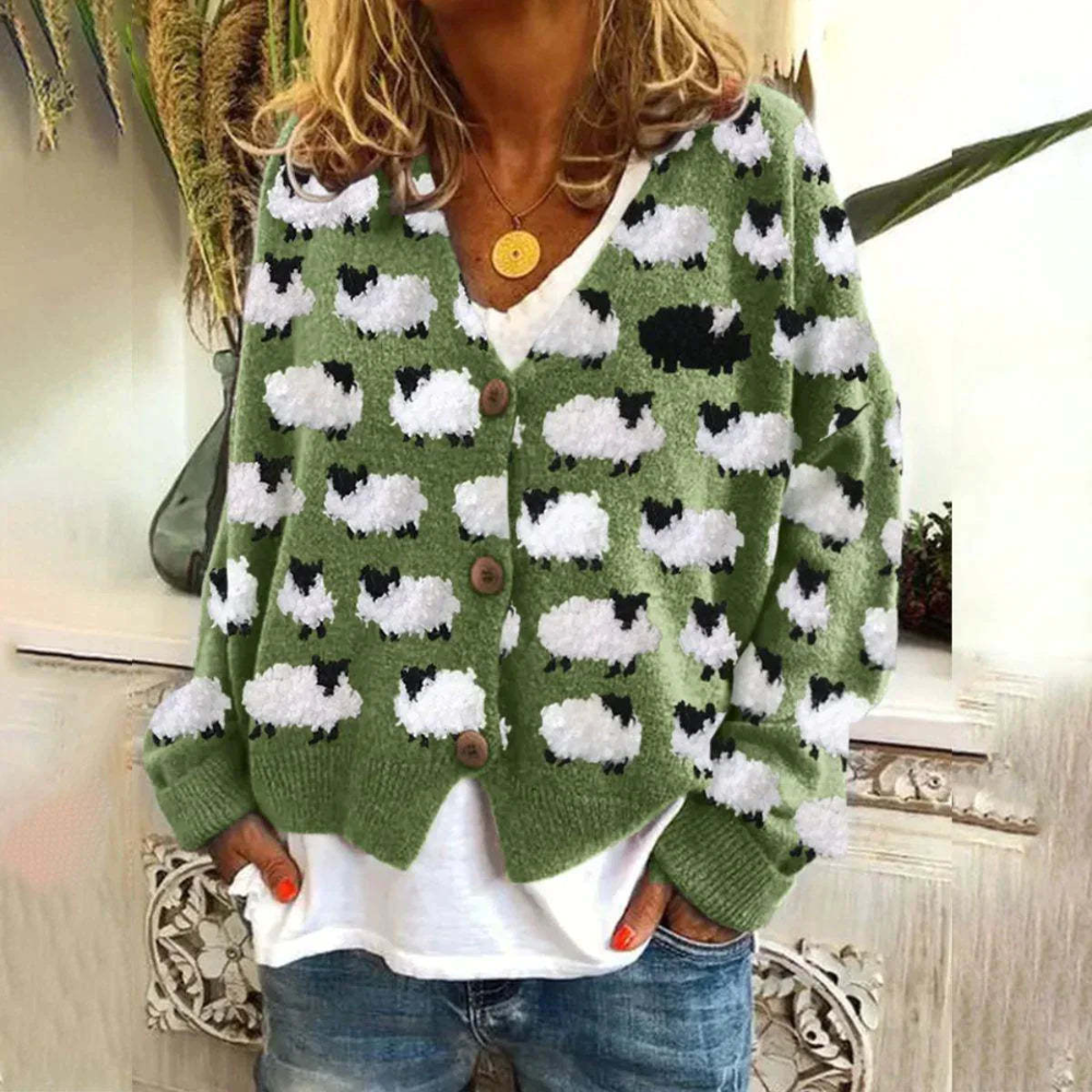 Kvinders Vintage Sweater med Fåremønster og V-hals
