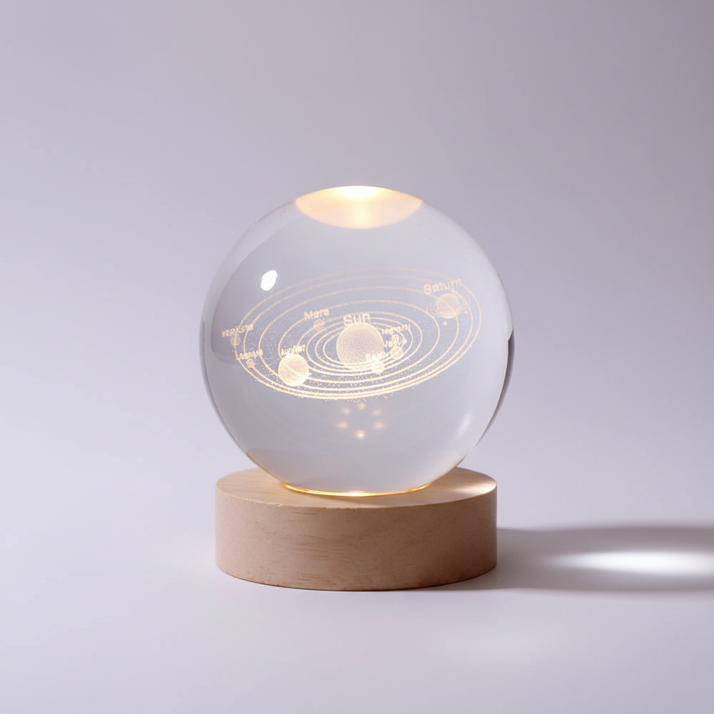 AstroGlobe 3D Lampe – Kugleformet Træbordlampe med Varm LED Lys og Planetdesign