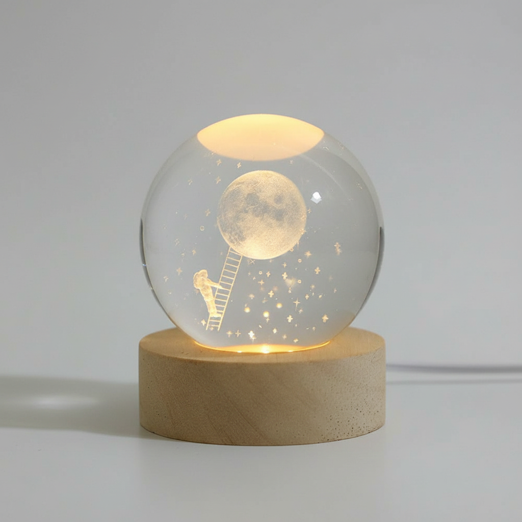 AstroGlobe 3D Lampe – Kugleformet Træbordlampe med Varm LED Lys og Planetdesign