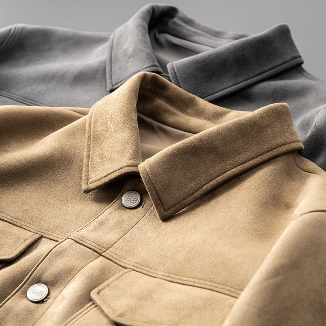 Alaric Herres Suede Jakke – Elegante Knapper, Raffineret Krave & Klassisk Casual Stil