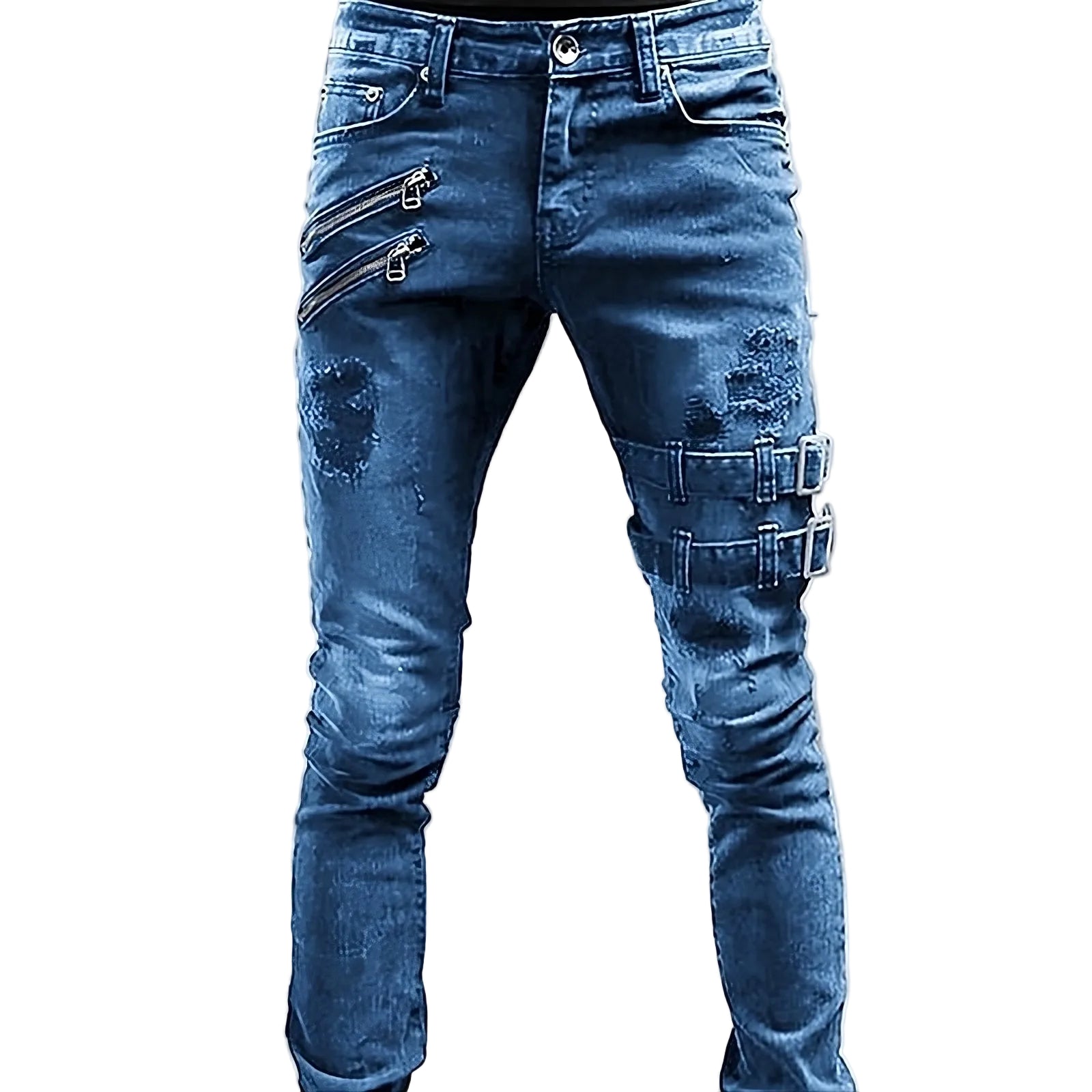 Herre Denimjeans med Spænder og Lynlåse