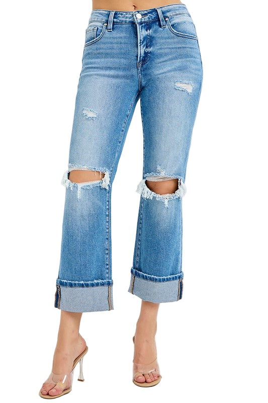 Kvinders Straight Cuffed Jeans Mid Rise Denim