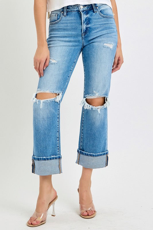 Kvinders Straight Cuffed Jeans Mid Rise Denim