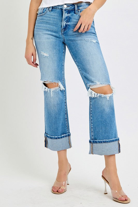 Kvinders Straight Cuffed Jeans Mid Rise Denim