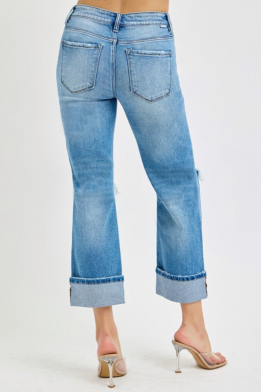 Kvinders Straight Cuffed Jeans Mid Rise Denim