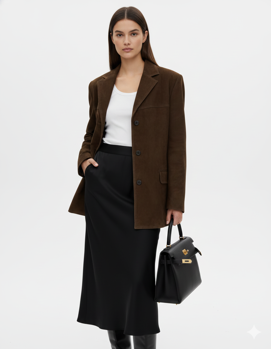 Marga Suede Blazer til kvinder – Chic brun jakke med moderne snit og strækstof