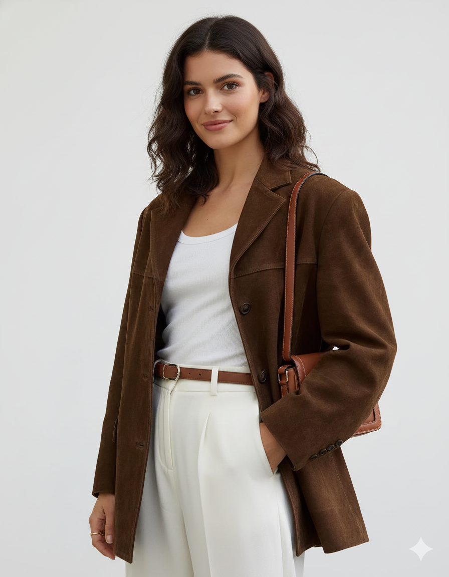 Marga Suede Blazer til kvinder – Chic brun jakke med moderne snit og strækstof