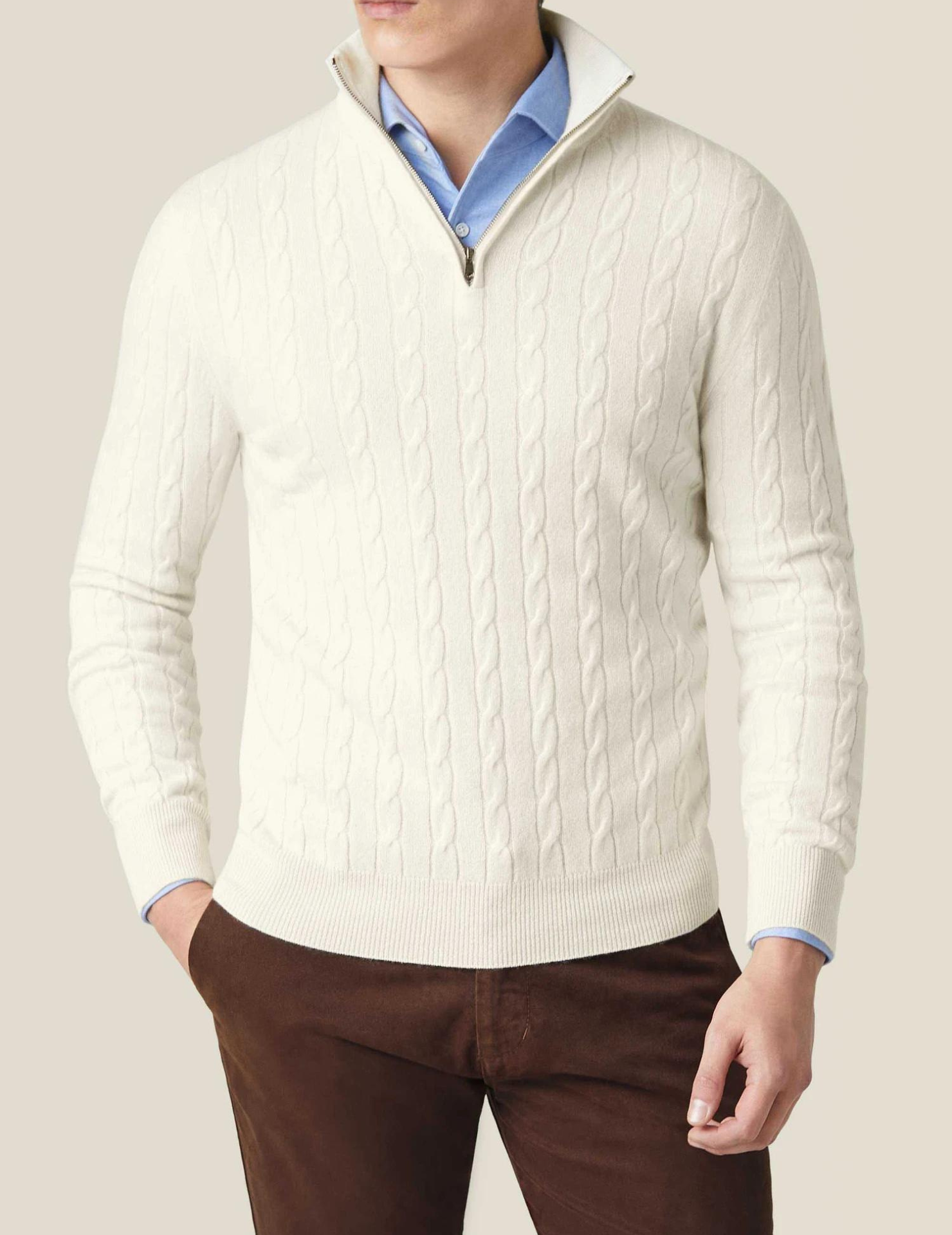 Herre Kabelstrik Quarter-Zip Sweater – Klassisk Trøje med Tragt-krave